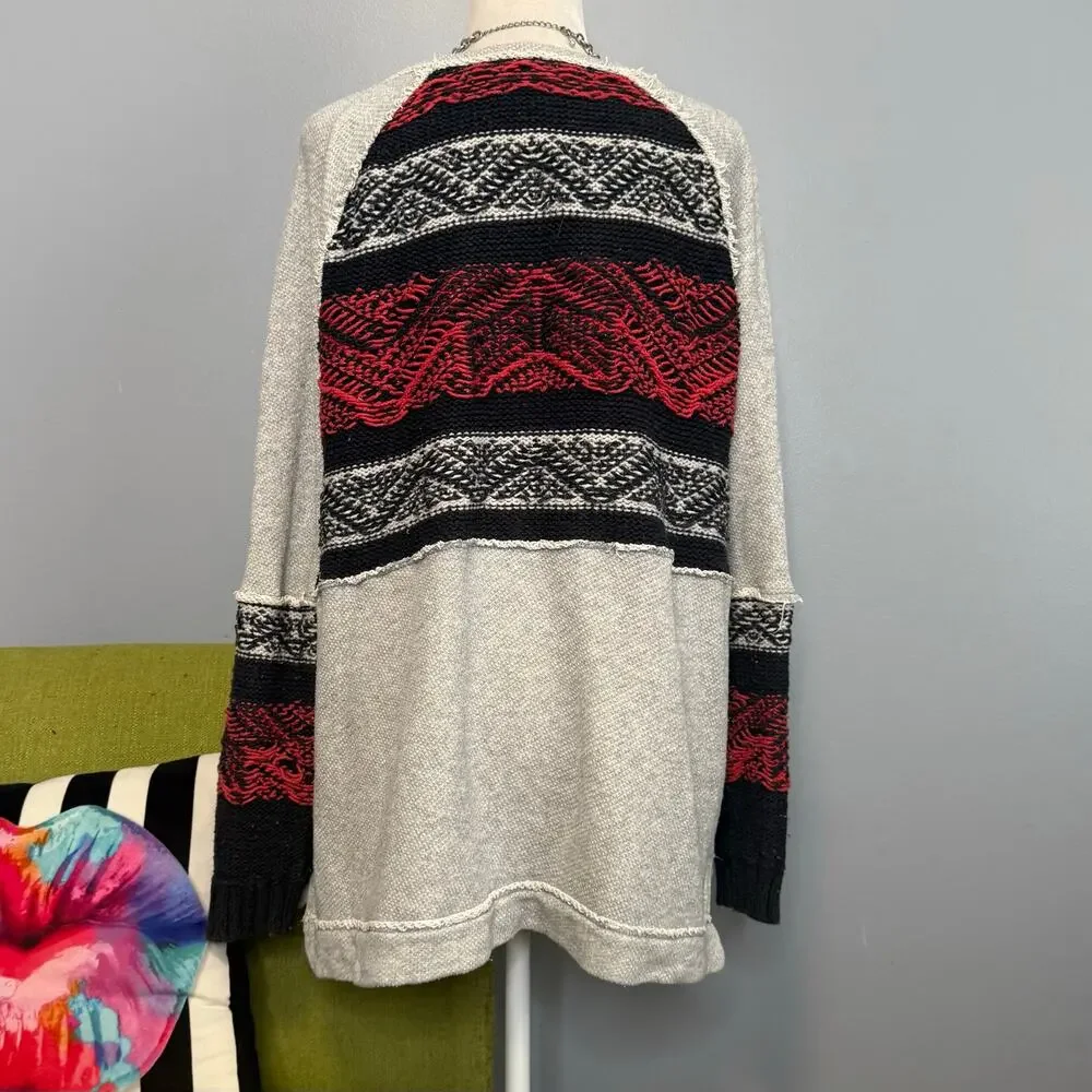 Free People Nordic Cotton Knit Pullover Sweater Red Gray Black